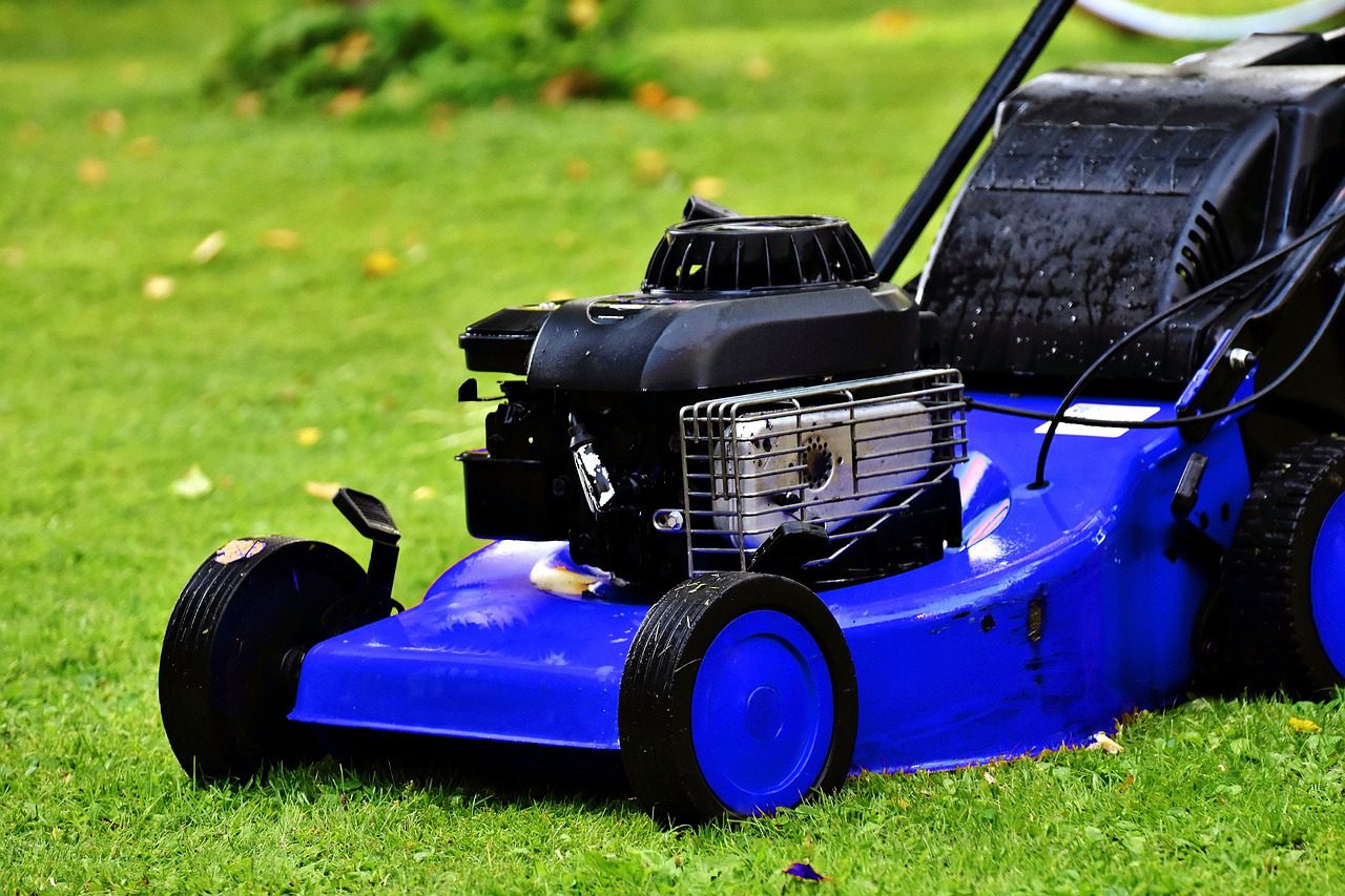 Blue Lawn Mower on lawn